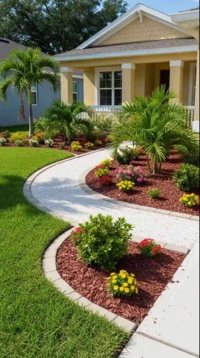 Curved white walkway through a colorful landscaped front yard leading to a yellow house