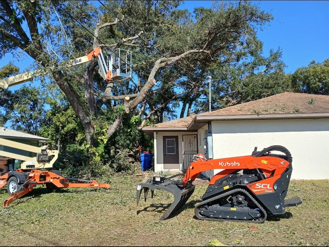 Orange excavator lifting a large tree limb in front of a house, with a worker nearby