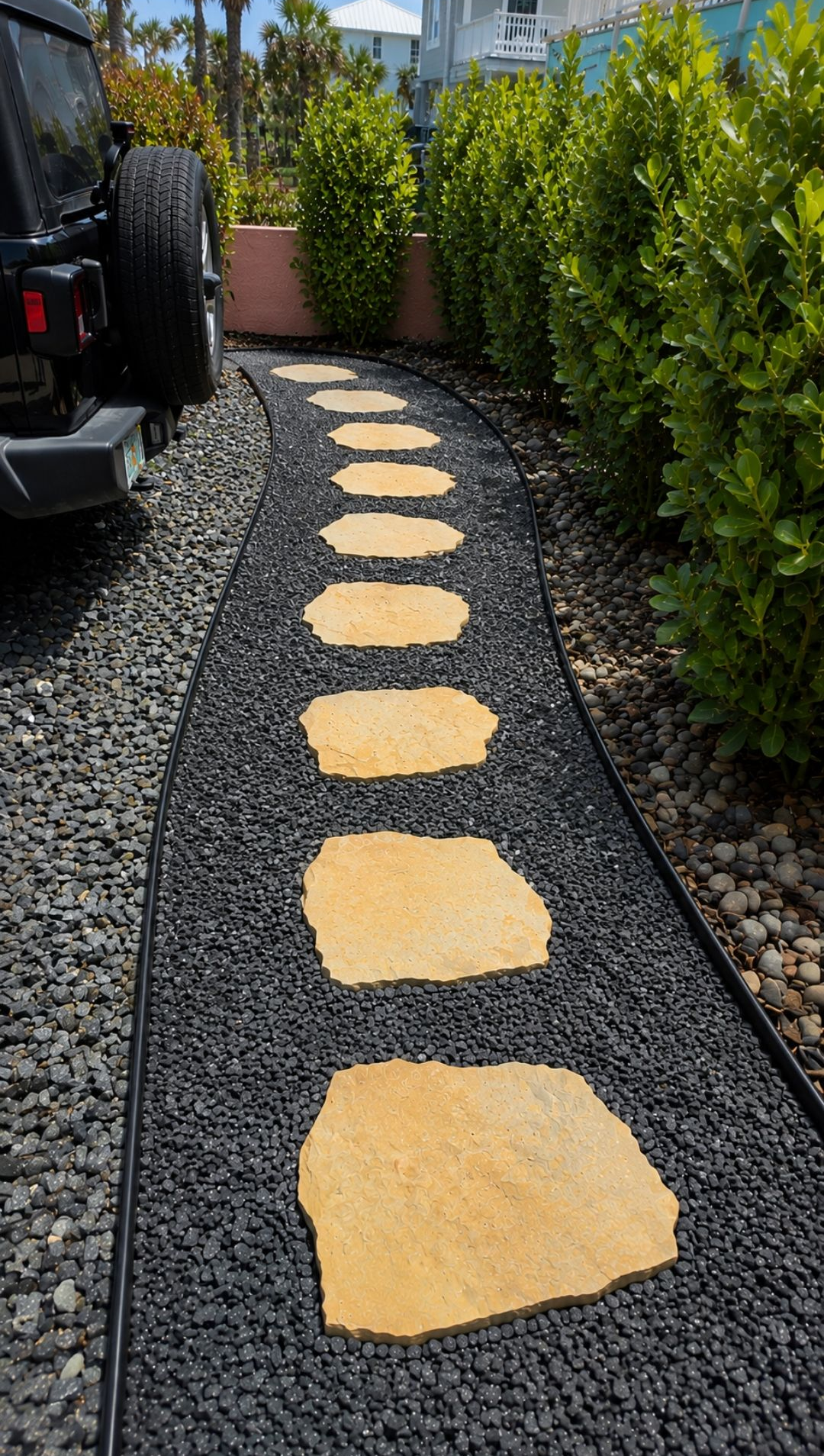 Stepping-stone path of yellow stones through black gravel beside green hedges and a parked vehicle