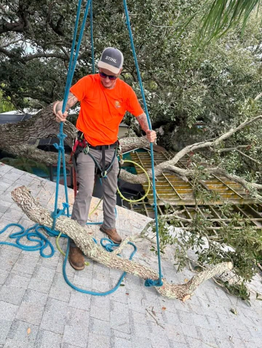 Worker in orange shirt rappels down a rocky slope beside trees and water.