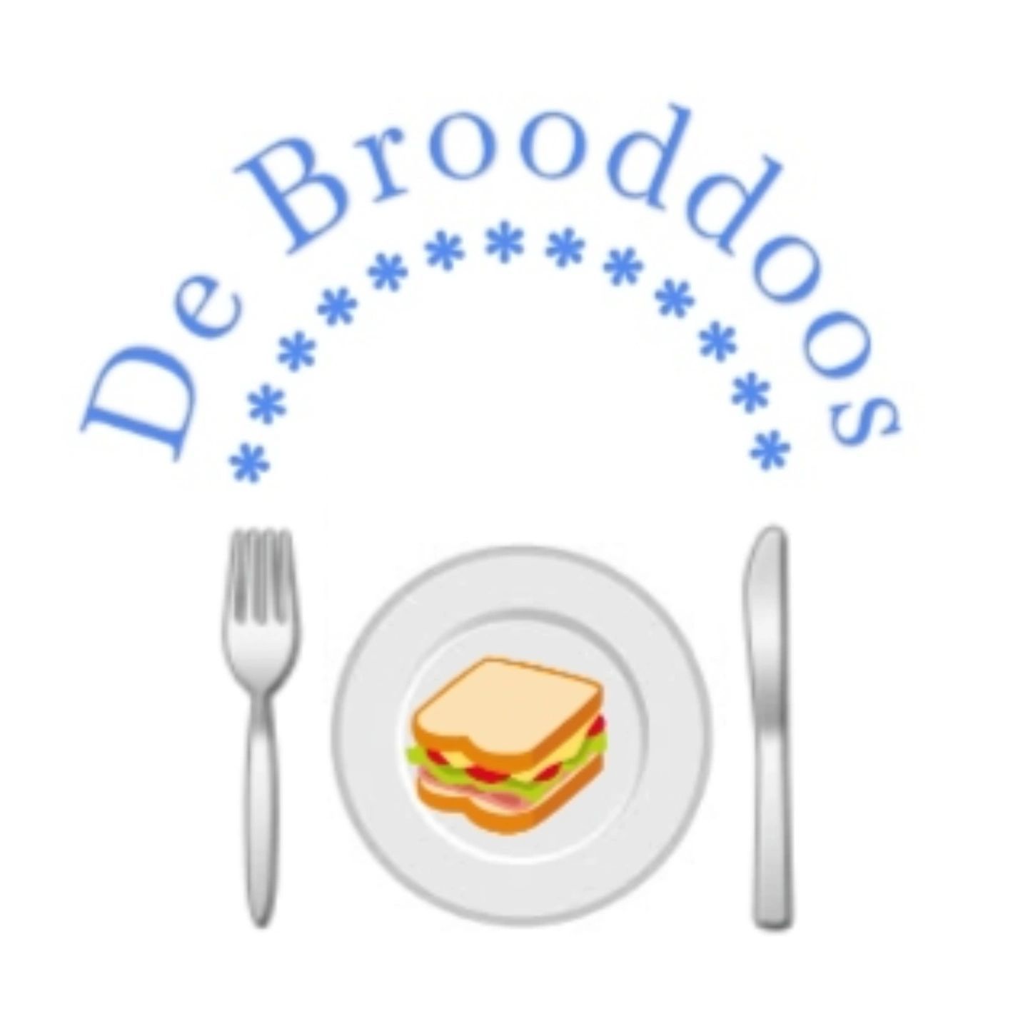 Logo voor De Brooddoos met blauwe tekst, sterren en een sandwich op een bord tussen een vork en een mes.