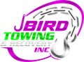 Logo for J Bird Towing & Recovery Inc., purple and green text with chain and hook graphic.