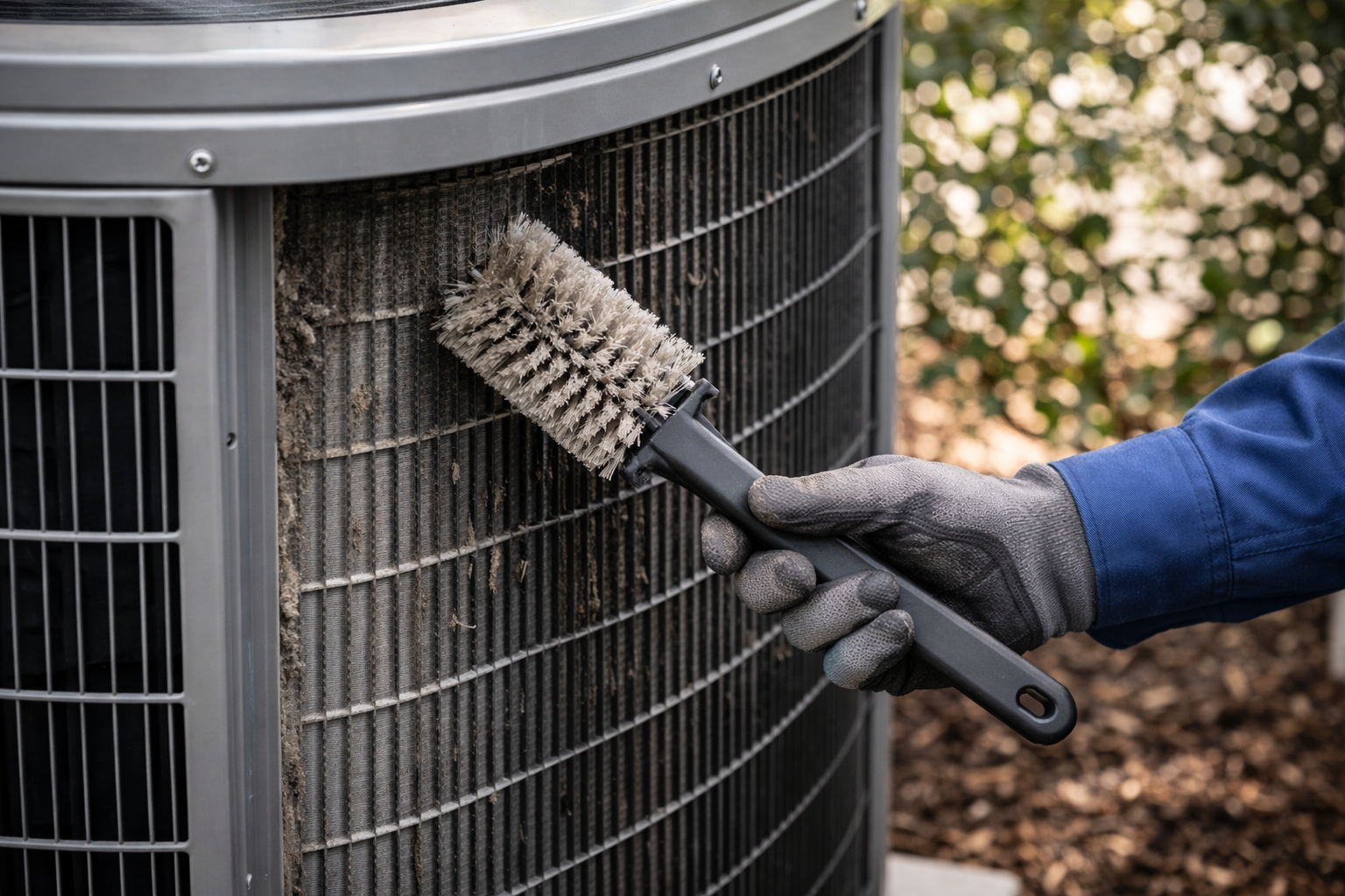 Gloved hand cleaning a gray outdoor air conditioner coil with a brush