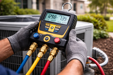Gloved hands using a digital HVAC manifold gauge with colored hoses outdoors