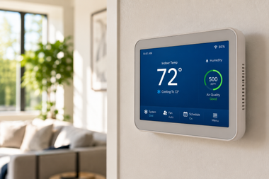 Wall-mounted smart thermostat displaying 72° in a bright living room