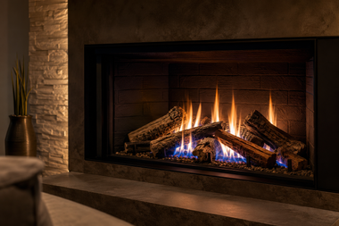 Cozy stone fireplace with burning logs and tall flames in a dark living room