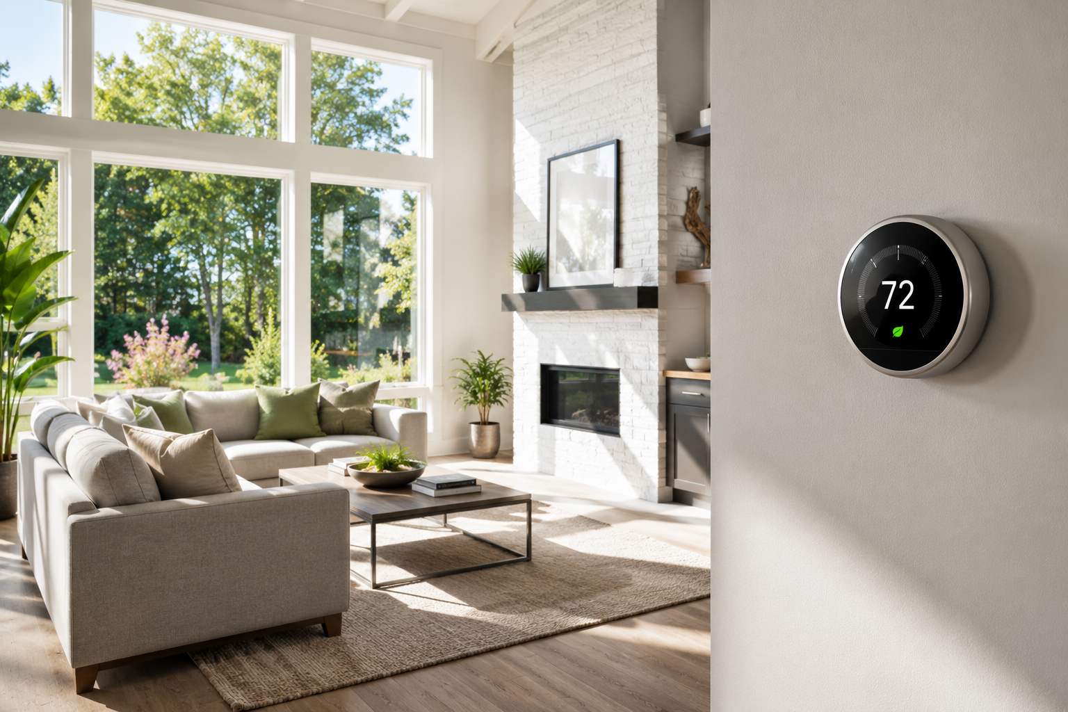 Bright living room with large windows and a wall-mounted thermostat showing 72°
