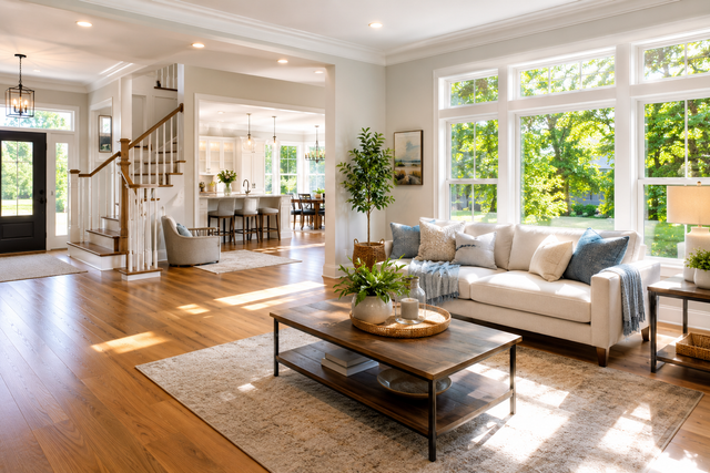 Bright open living room with white sofa, wooden coffee table, and sunlit windows