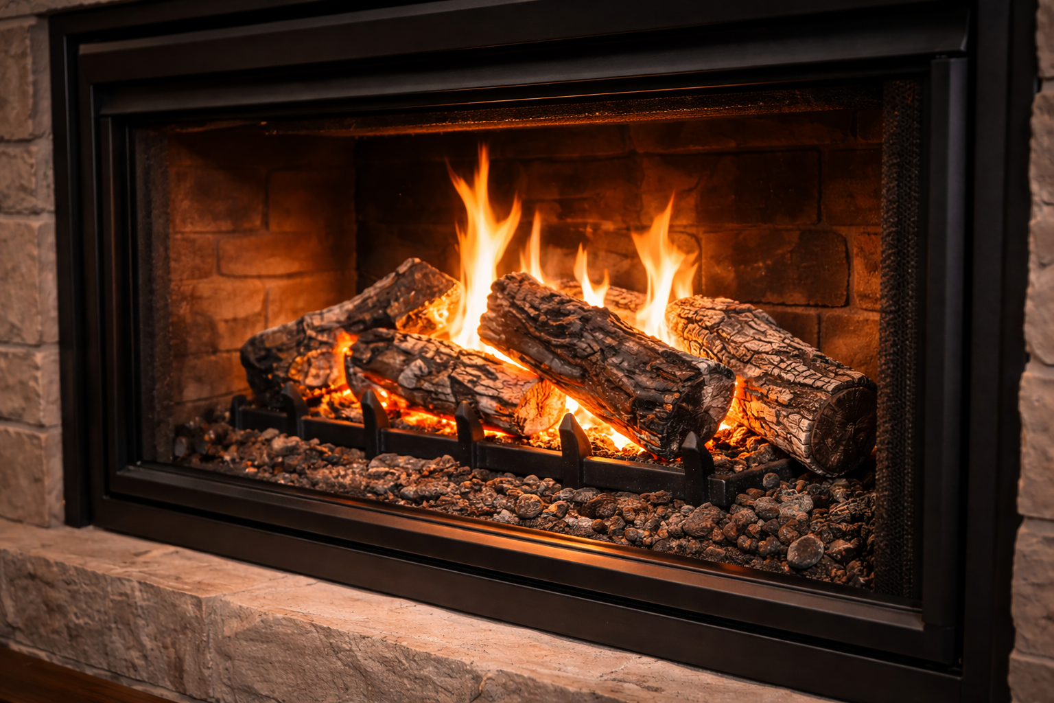 Lit fireplace with glowing logs and bright flames behind a black metal frame