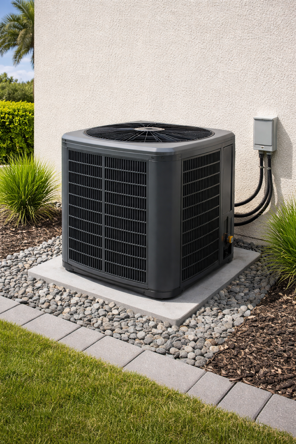 Outdoor air conditioning unit beside a house wall on a concrete pad, with landscaping stones and grass.