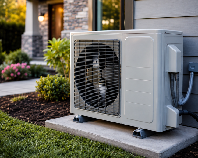 Outdoor air conditioner unit beside a house, with a fan and utility lines on a concrete pad.