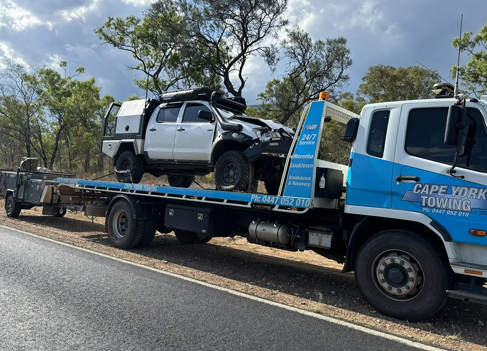 White Pickup Truck on a Tow Truck — Cape York Towing & Transport in Mareeba, QLD