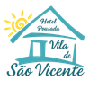 A teal logo for Hotel Pousada Vila de São Vicente featuring a house icon and a yellow sun.