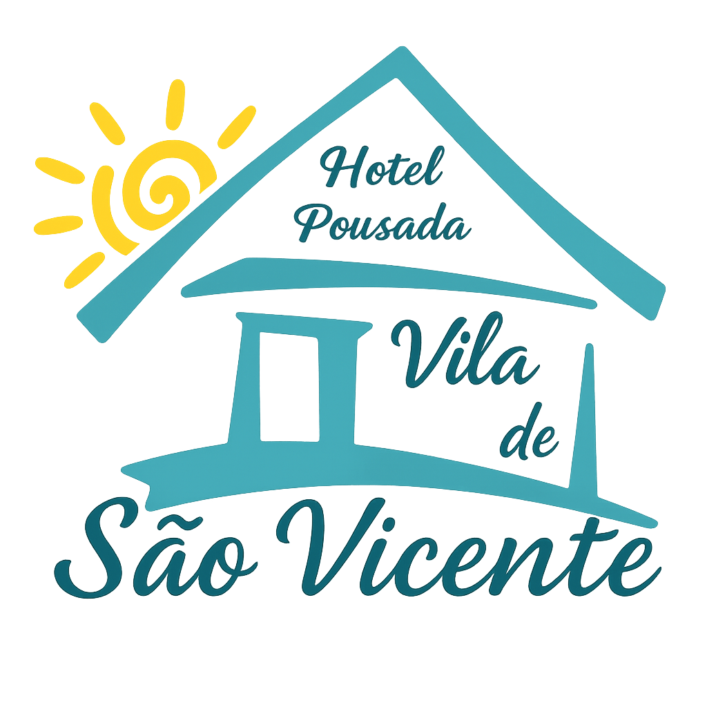 A teal logo for Hotel Pousada Vila de São Vicente featuring a house icon and a yellow sun.