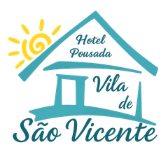 A teal logo for Hotel Pousada Vila de São Vicente featuring a house icon and a yellow sun.