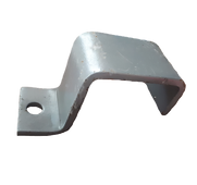 Silver metal mounting bracket with a hole on one end and a bent raised center