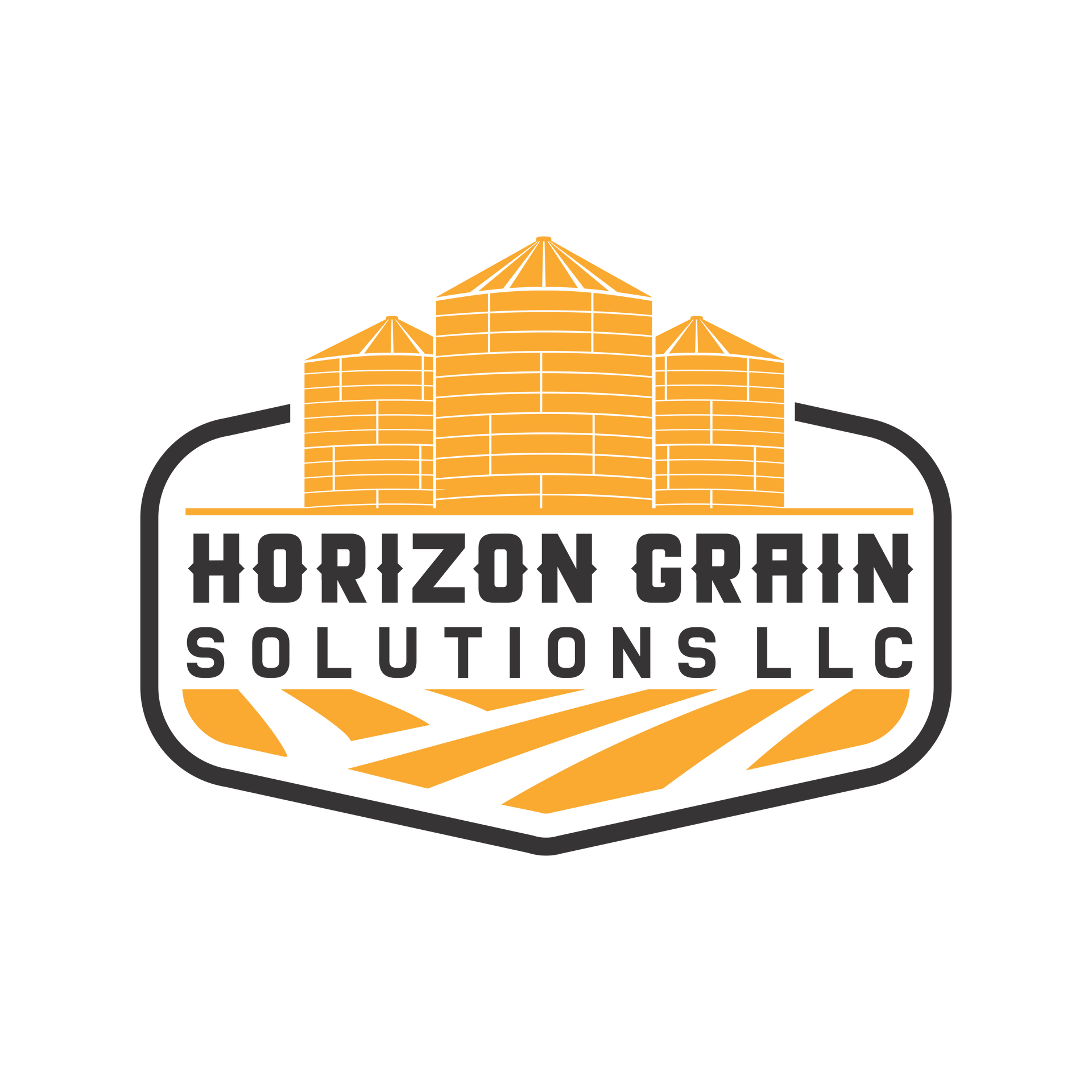 Horizon Grain Solutions LLC logo with orange grain silos above black text and wheat accents
