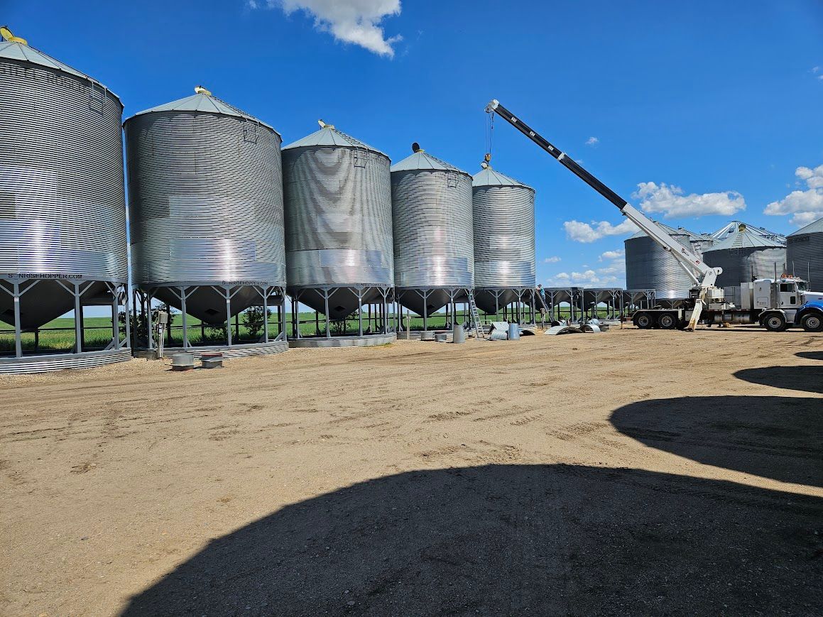 Row of silver grain silos on a farm under a bright blue sky, with a truck and auger nearby.