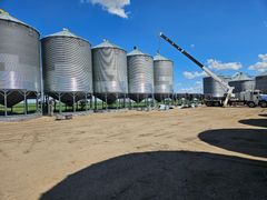 Row of silver grain silos on a farm under a bright blue sky, with a truck and auger nearby.