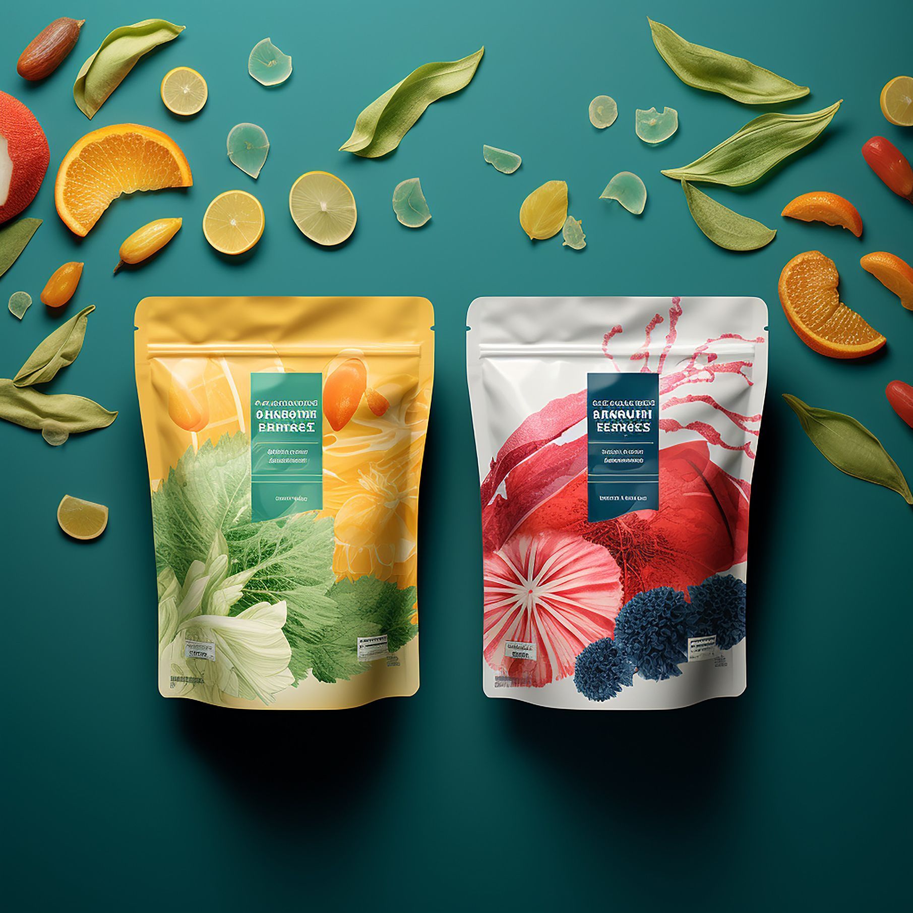 Two bags of fruit and vegetables are sitting on a table surrounded by fruits and vegetables.