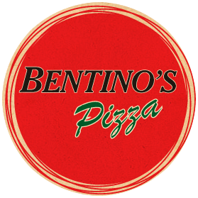 Bentino’s Pizza logo on a red circular background with cream border and green script text