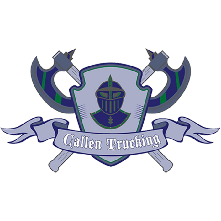 Cullen Trucking logo with crossed hammers, shield emblem, and ribbon banner in blue, gray, and green