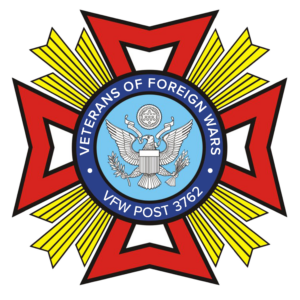 Veterans of Foreign Wars emblem with red and yellow starburst, blue center, and VFW Post 3762 text