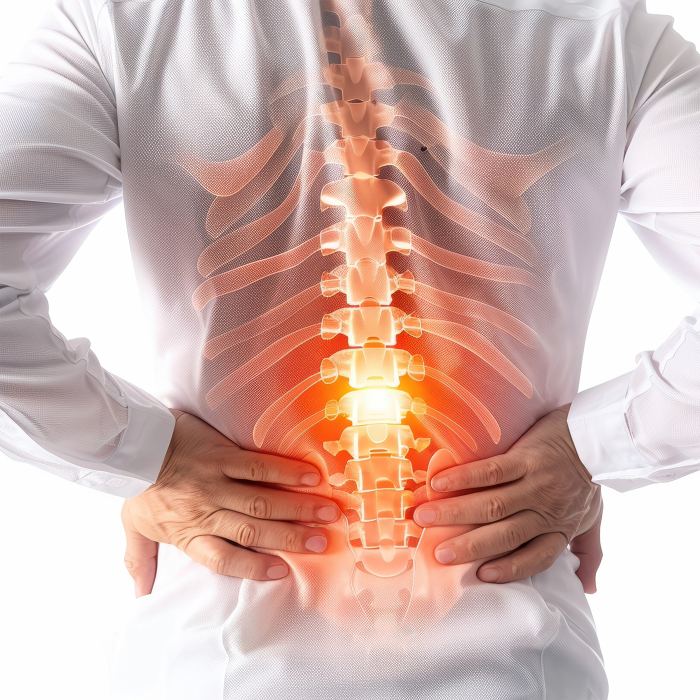Person holding lower back with glowing spine illustration indicating back pain