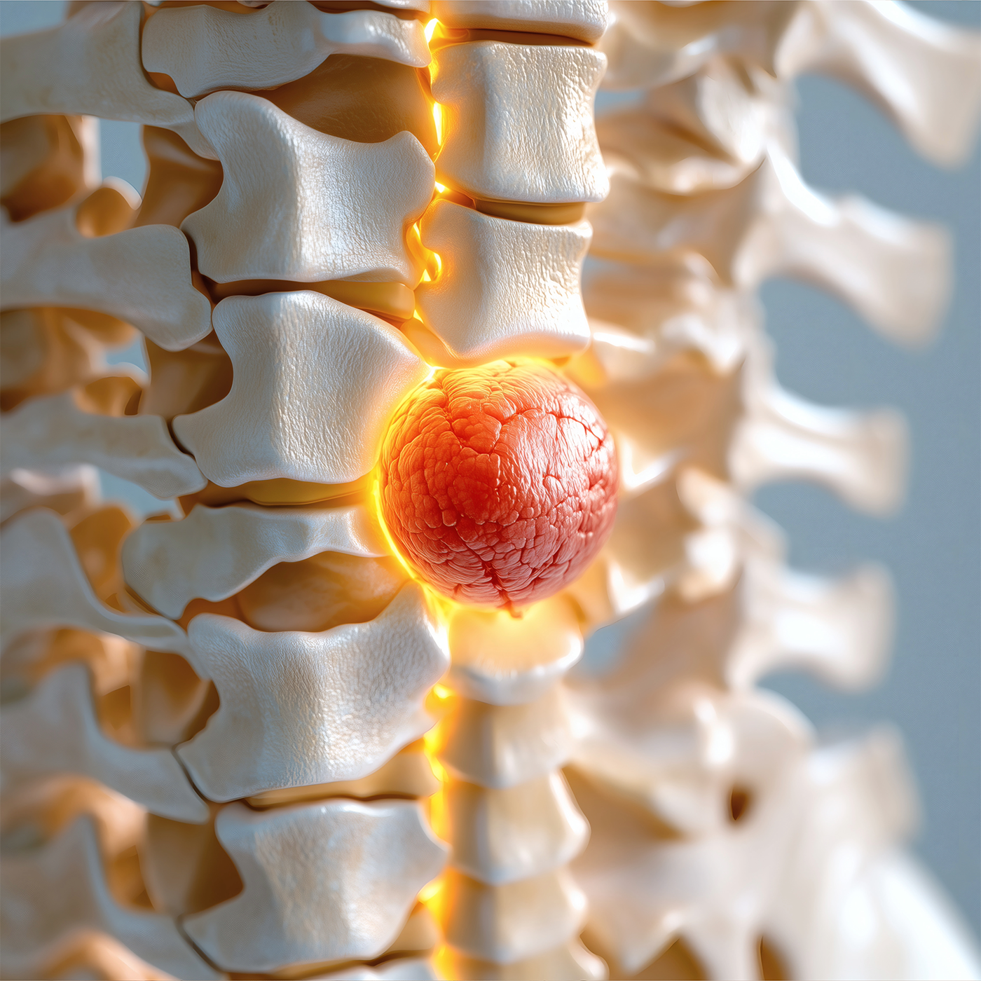 Glowing red herniated disc between white vertebrae in a 3D spine illustration