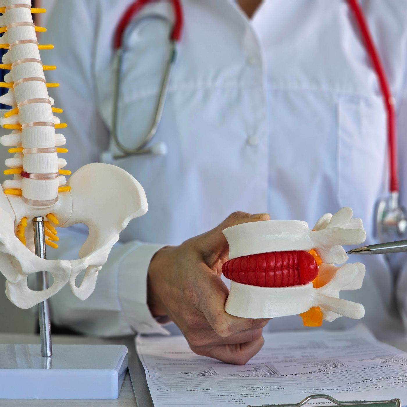 Doctor holding a spine model and pelvic joint model in a medical office