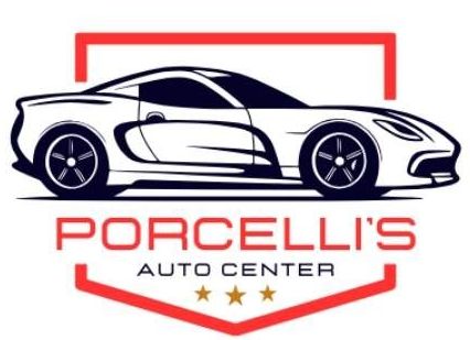 The logo for porcelli 's auto center shows a sports car.