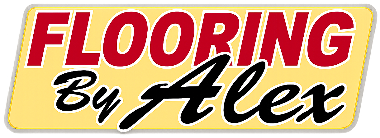 Flooring By Alex logo in red and black text on a yellow background