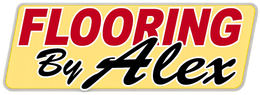 Flooring By Alex logo in red and black text on a yellow background