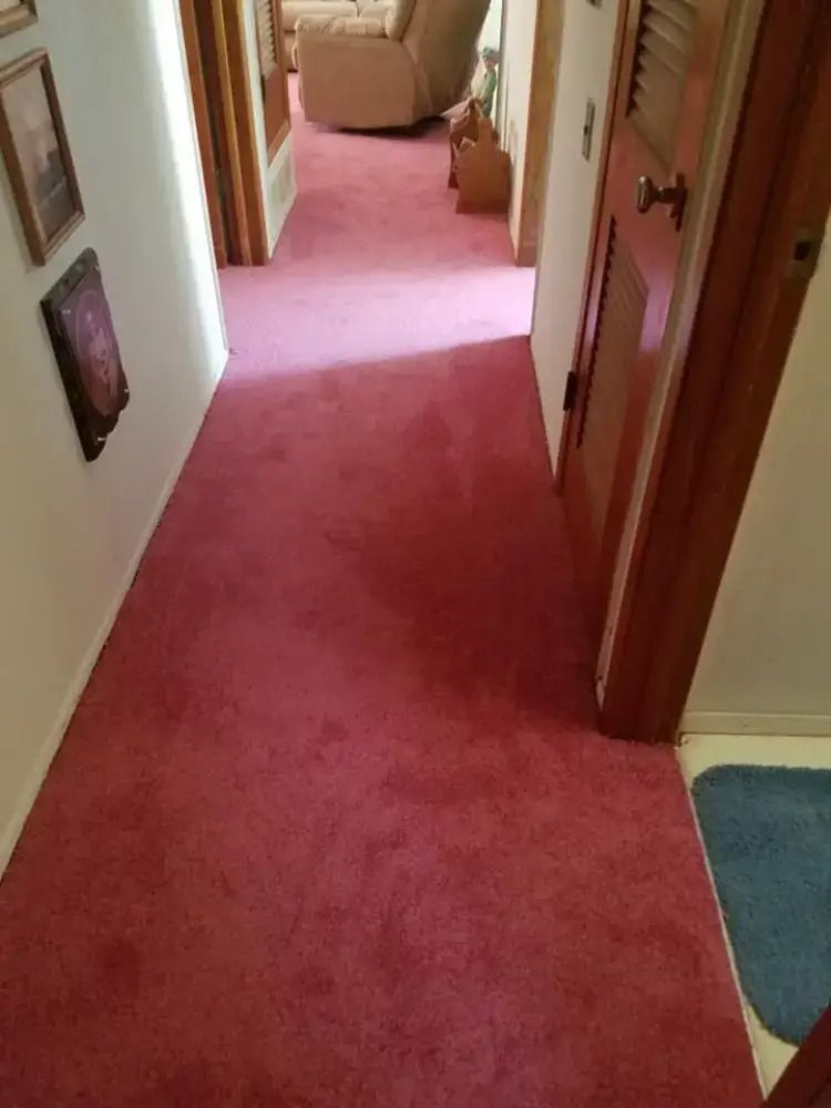 Narrow carpeted hallway with red runner leading to a chair at the far end.
