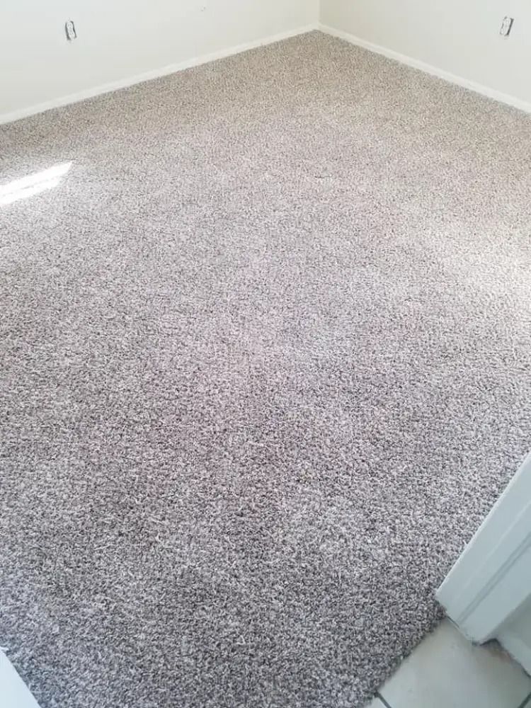 Empty carpeted room with light gray carpet, white walls, and a doorway at right.