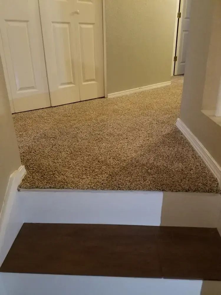 Hallway with carpeted floor and a single stair step with white and brown trim