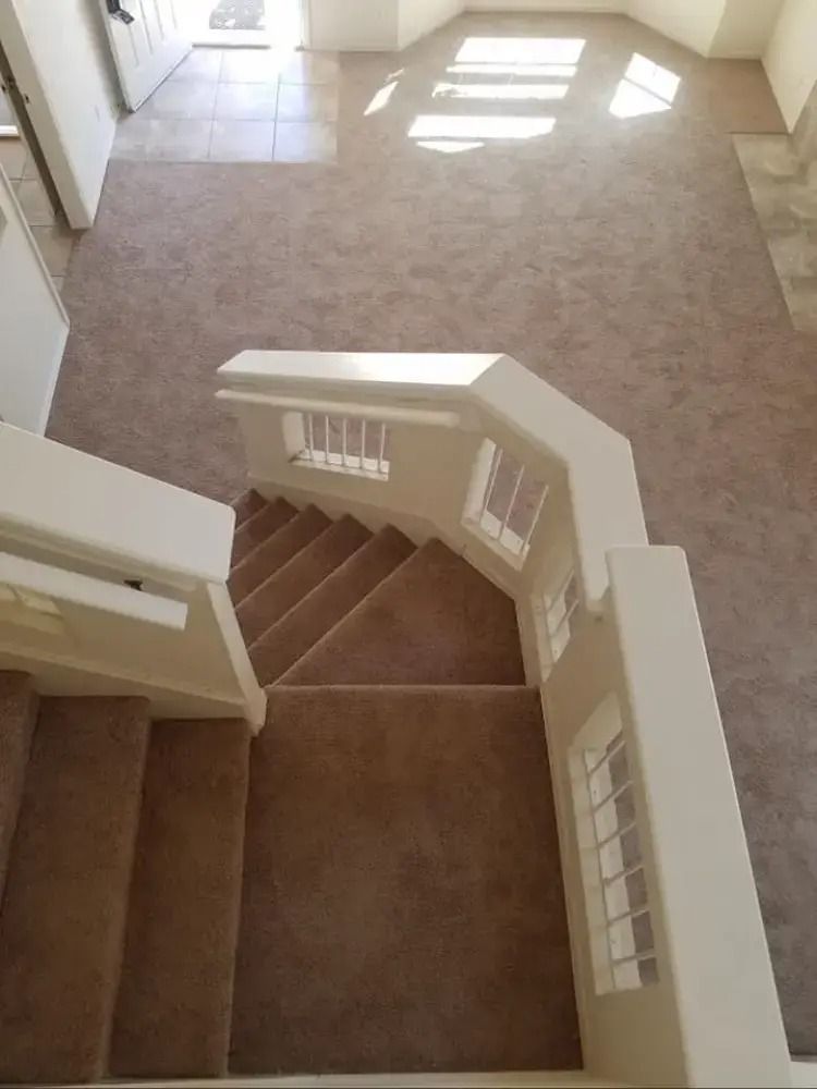 Interior view of a carpeted staircase and landing with beige walls and sunlight on the floor.