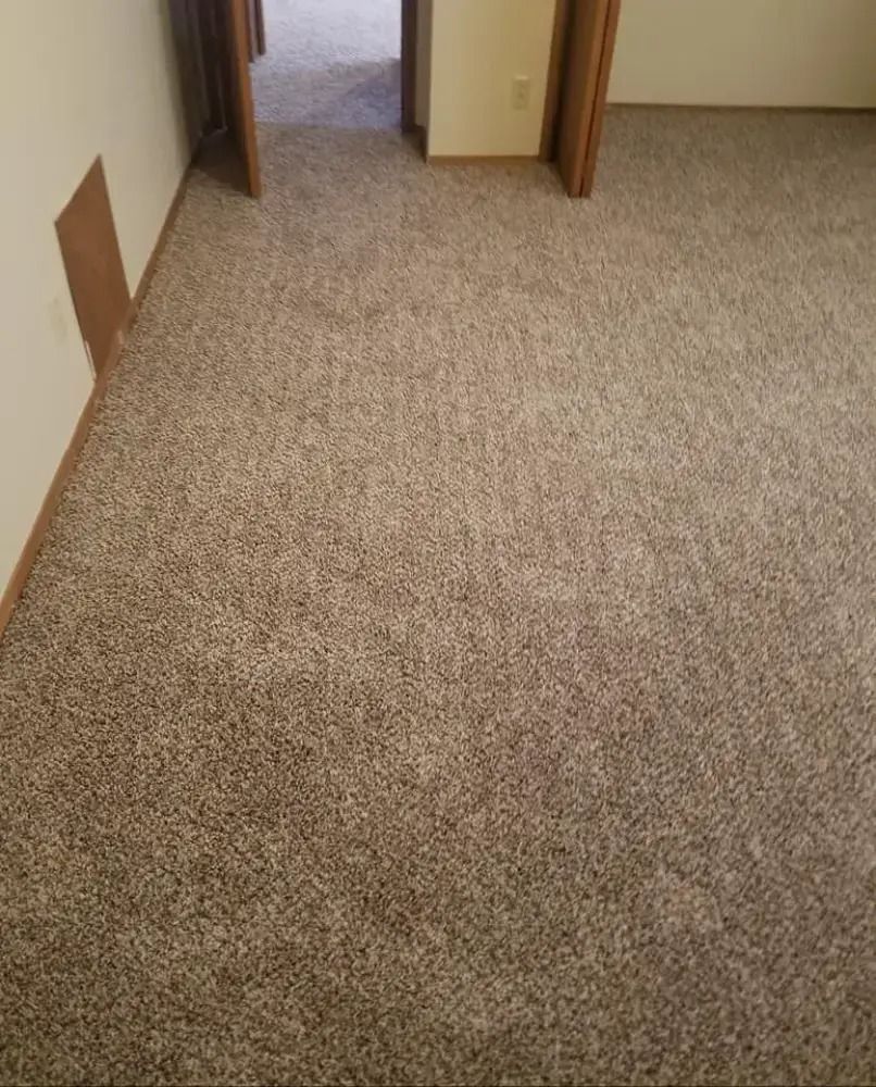 Carpeted hallway with beige walls and two open doorways