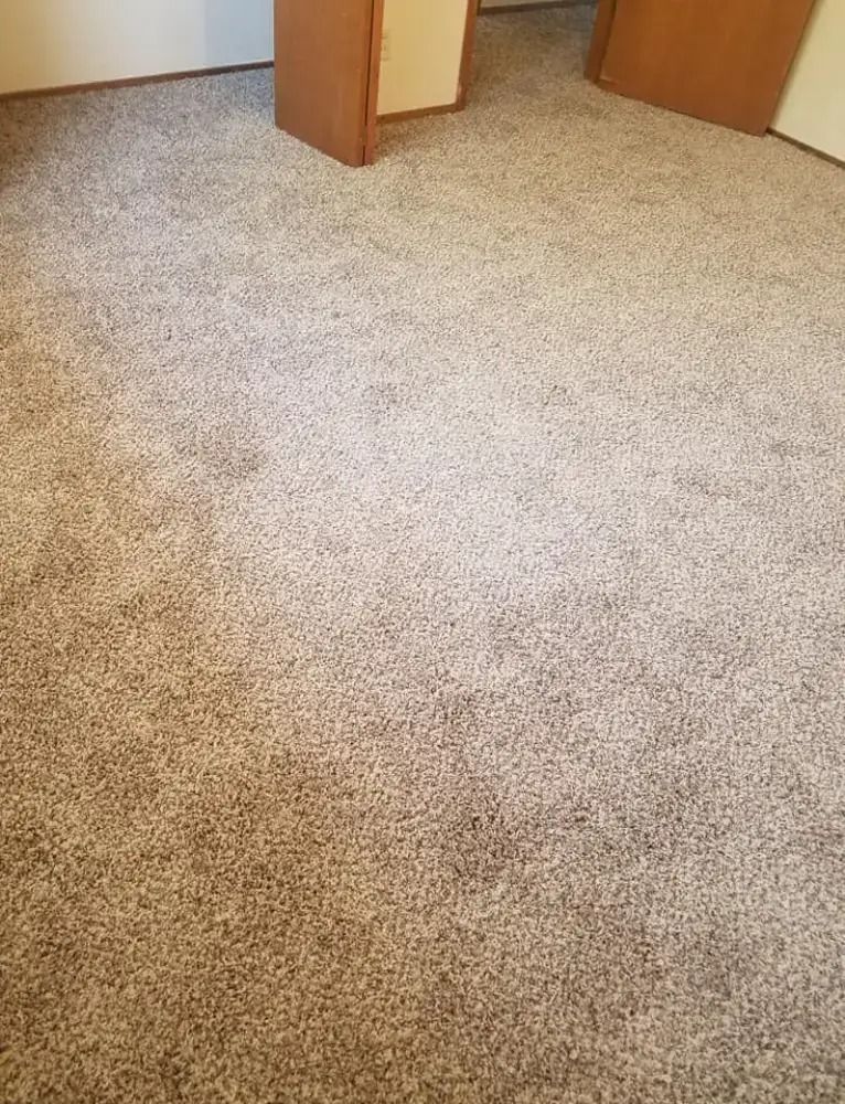 Carpeted hallway corner with beige carpet and wooden door frames