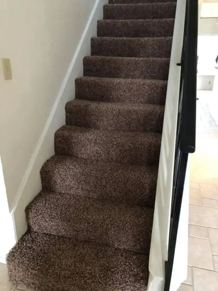 Carpeted indoor staircase with brown steps and white walls, viewed from the bottom.