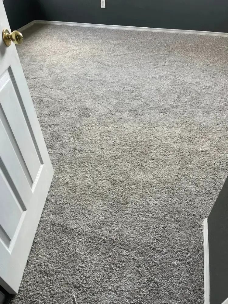 Open white door leading into an empty room with gray carpet