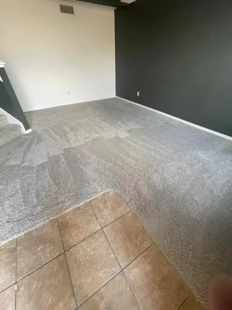 Empty room with gray carpet, white walls, dark accent wall, and tan tile floor in foreground