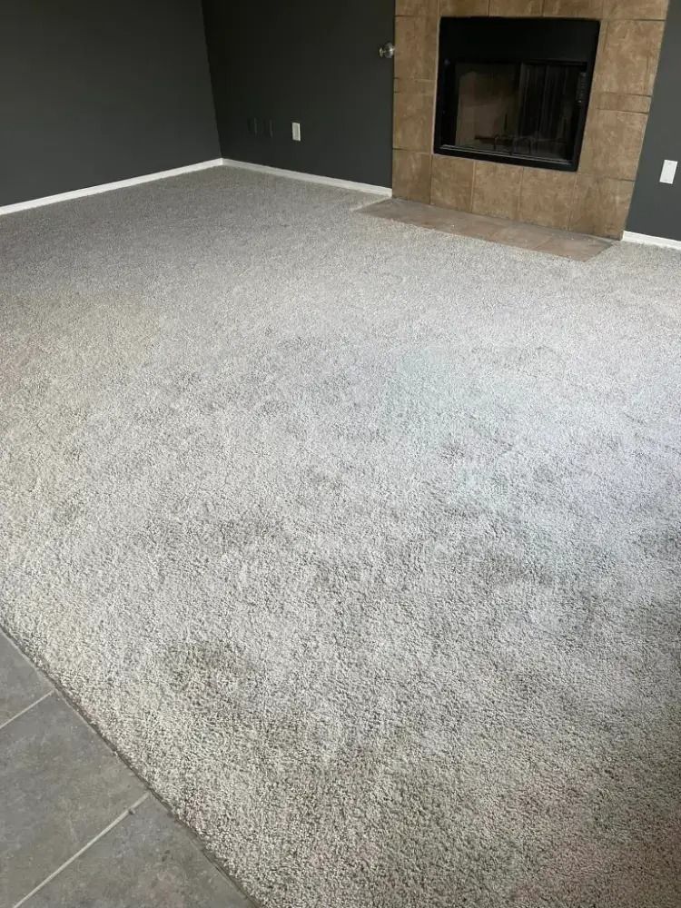 Carpeted living room with dark walls, gray tile flooring, and a stone fireplace.