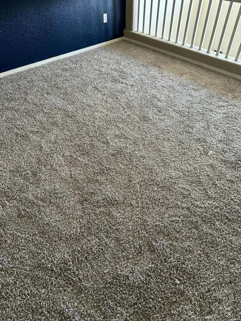 Empty beige carpeted room with blue walls and a window covered by vertical blinds.