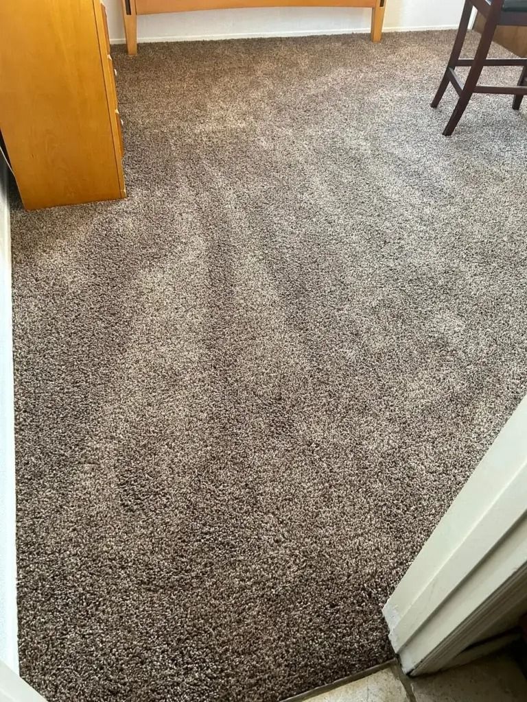 Carpeted floor in a room, with a doorway and a wooden table or chair visible at the edges.