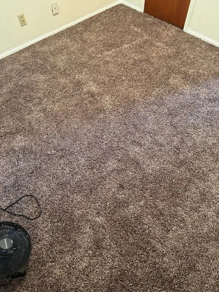 Empty carpeted room with beige walls, outlets, and a partially visible vacuum in the corner
