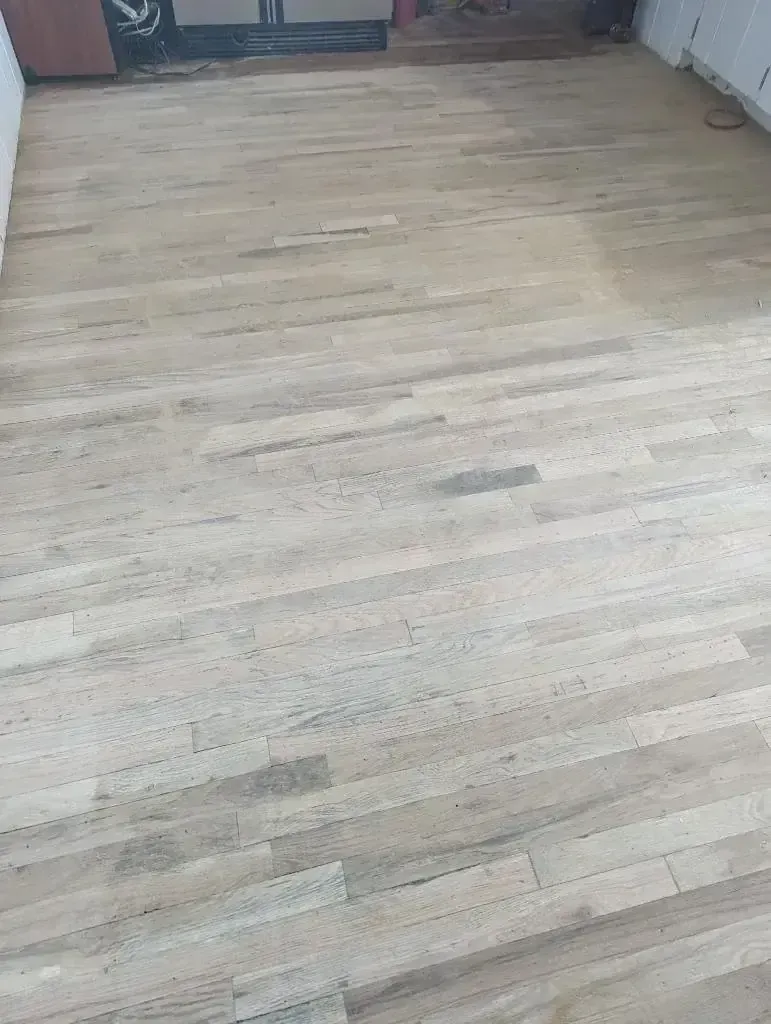 Empty room with worn wooden floorboards and white walls