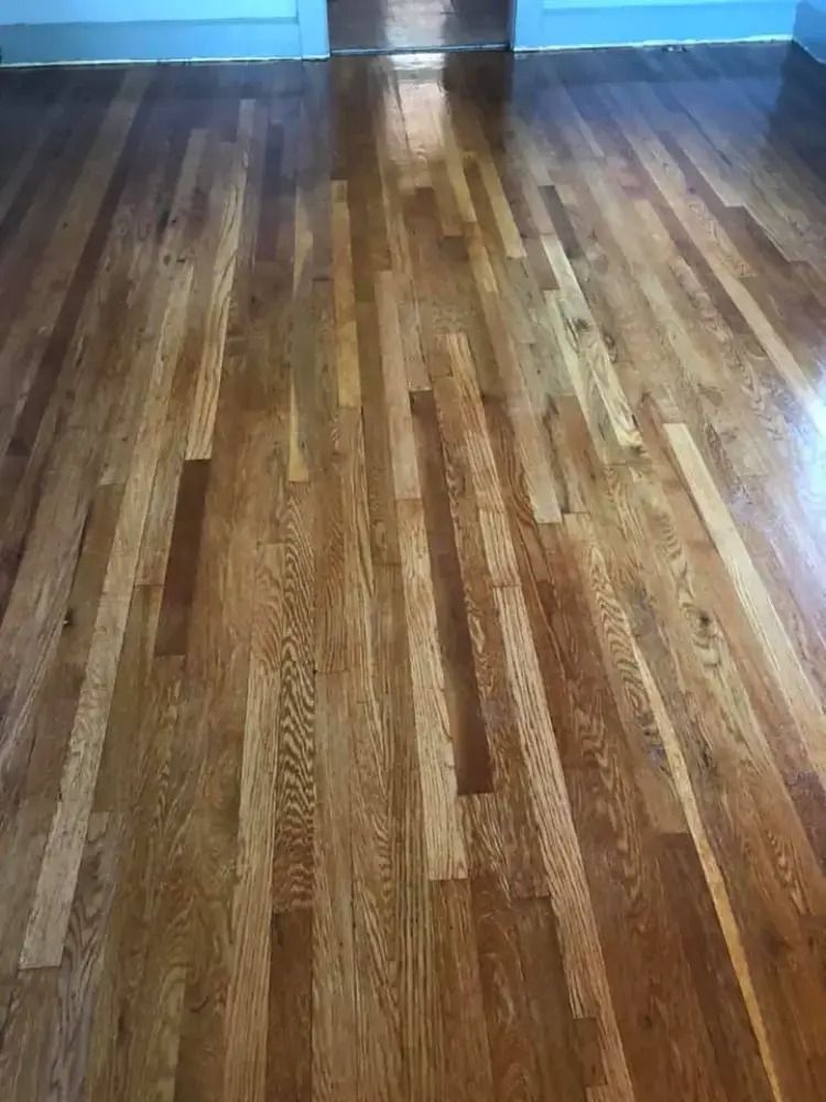 Shiny hardwood floor with sunlight reflections, viewed from a doorway