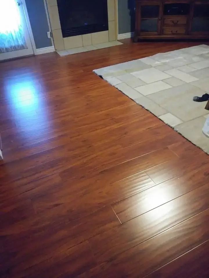 Living room with hardwood floor, light rug, and a window casting blue light reflections