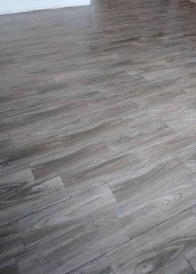 Empty room with gray wood-look flooring and a white wall.